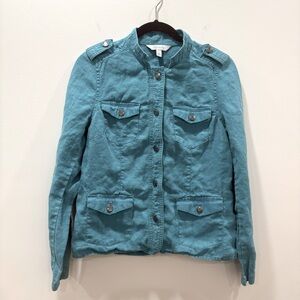 Relativity small Utility Blazer Jacket Coat 100% Linen Military Teal Blue aqua